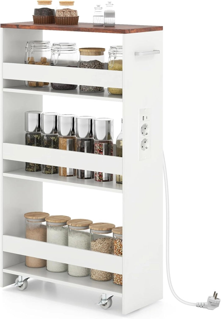 Scaffale per Nicchia da 20 cm di Larghezza, con Base di Ricarica, 4 Piani in Legno su Ruote, Scaffale Sottile per Cucina e Bagno, Carrello a Rotelle (Industriale+Bianco, Largo 20cm, con presa)