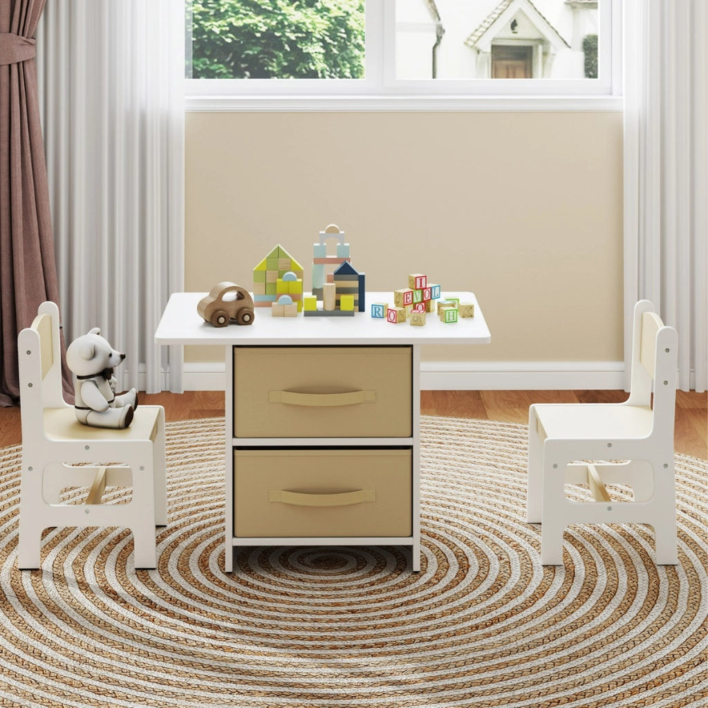 Set di tavolo e 2 sedie bambini, Set di scrivania da 3 pezzi con ceste portaoggetti rimovibili per stanza giochi Beige e Bianco-Tavoli e sedie