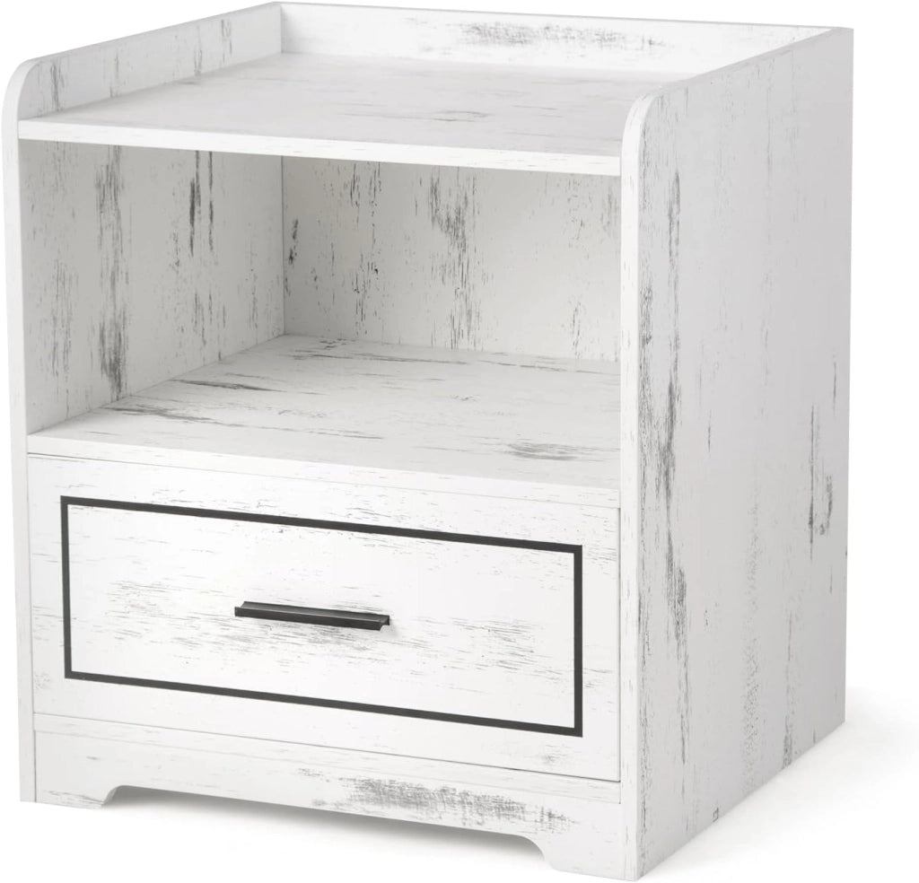 Comodino con Luce a LED(3 colori) e Cassetto, Tavolino da Divano con 2 Porte USB, Tavolino da Caffè con Sensore di Movimento, 45x40x50 cm, Bianco