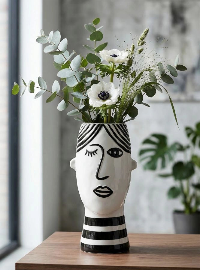 Vaso Face 13,2x11,8x26,3 cm in Porcellana Bianco e Nero