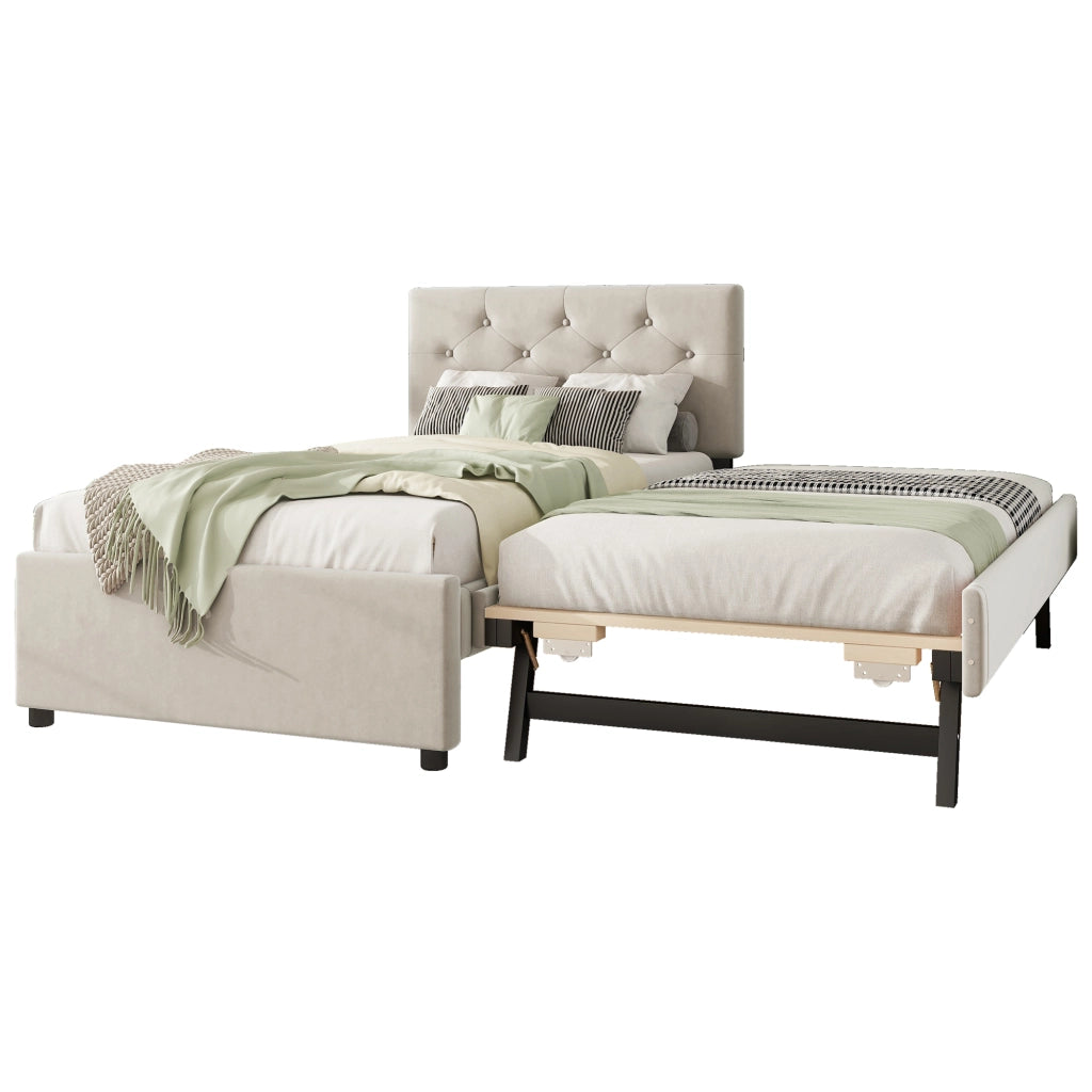OKWISH Letto Bambino 90×200 cm, Letto Singolo con Letto Estraibile, Testiera Imbottita con Bottoni e Rivestimento Morbido, senza Materasso, Beige