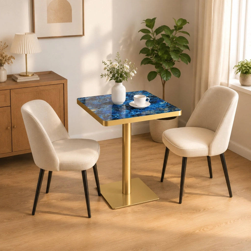 Tavolo da pranzo quadrato in MDF e metallo con piano effetto marmo e bordo dorato, per cucina e bistrot, blu