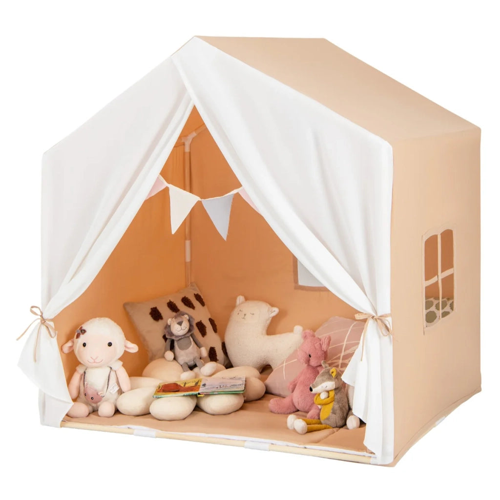 Tenda da gioco per bambini 131 x 91 x 131 cm con morbido tappetino e base antiscivolo stile adorabile legno di pino marrone 20_0014295