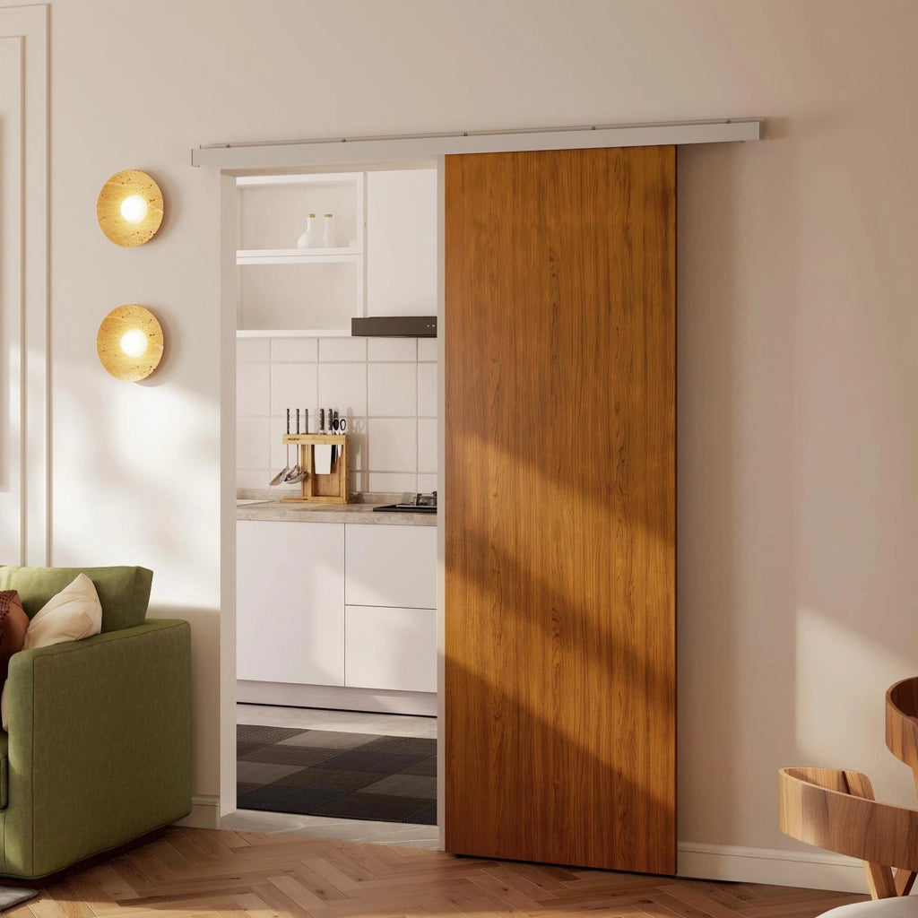 Porta Scorrevole 75x3,5x210 cm con Binario in Alluminio in MDF Effetto Legno Marrone