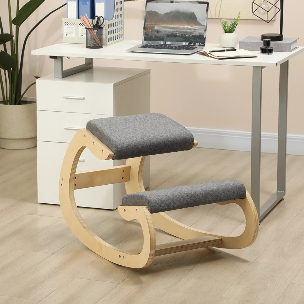 Chaise ergonomica a ginocchio con movimento oscillante e supporto stabile in legno grigio 54,5 × 85 × 54 cm