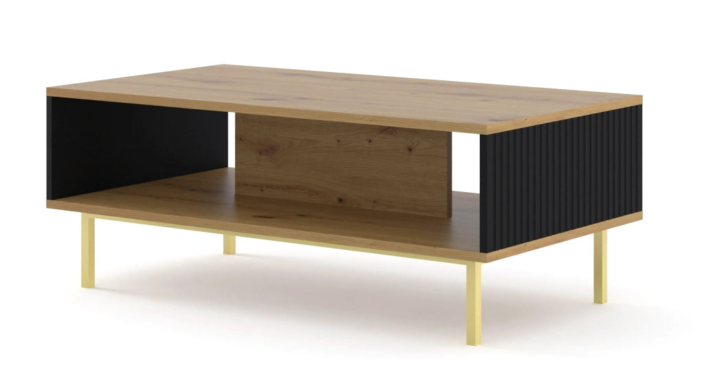 TAVOLINO DA CAFFÈ RAVENNA B IN MDF RIVESTITO IN LEGNO 90x60x45 ROVERE ARTIGIANALE NERO OPACO STRUTTURA ORO