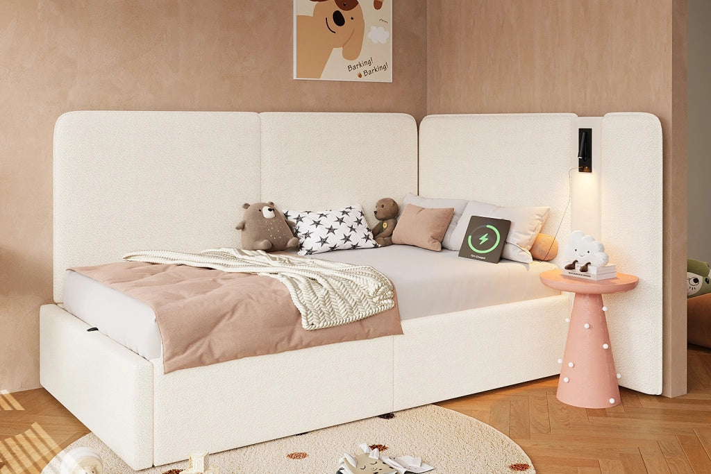 Letto imbottito singolo 90x200 cm con contenitore idraulico, lampada lettura USB e Type-C, beige bouclé