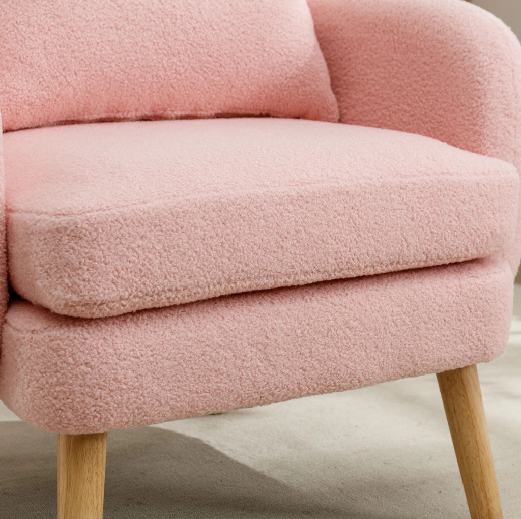 Poltrona singola in tessuto Teddy rosa con cuscino; seduta 14 cm; 71x72x71 cm