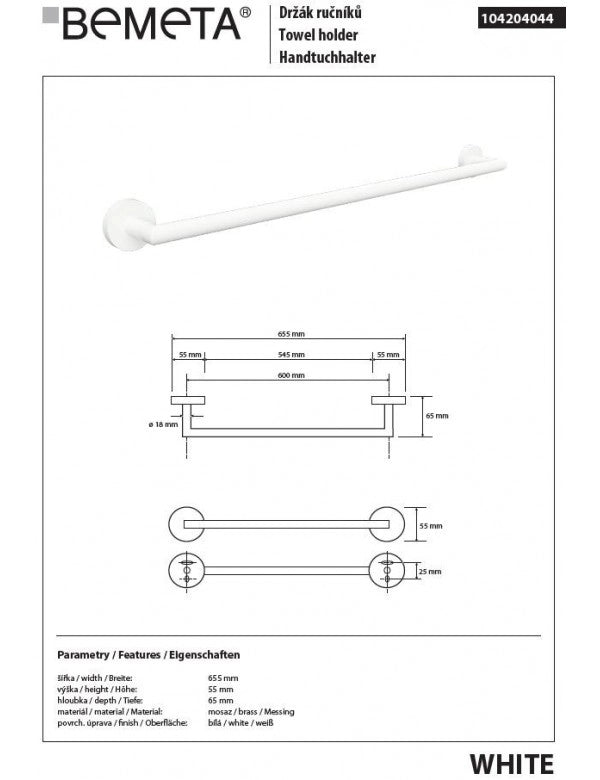 Portasciugamani a muro BIANCO in ottone bianco 65,5 cm
