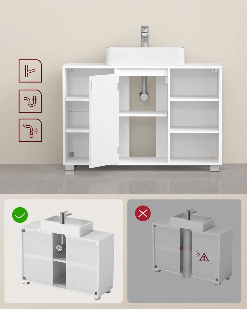 VASAGLE Mobiletto Sotto Lavabo, Mobile da Bagno con Ripiani Regolabili, 30 x 90 x 60 cm, con Piedini, Bianco Nuvola BBK507W01