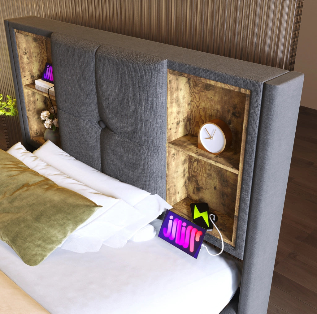 Letto singolo imbottito 90x200 cm grigio con ricarica wireless; USB e contenitore