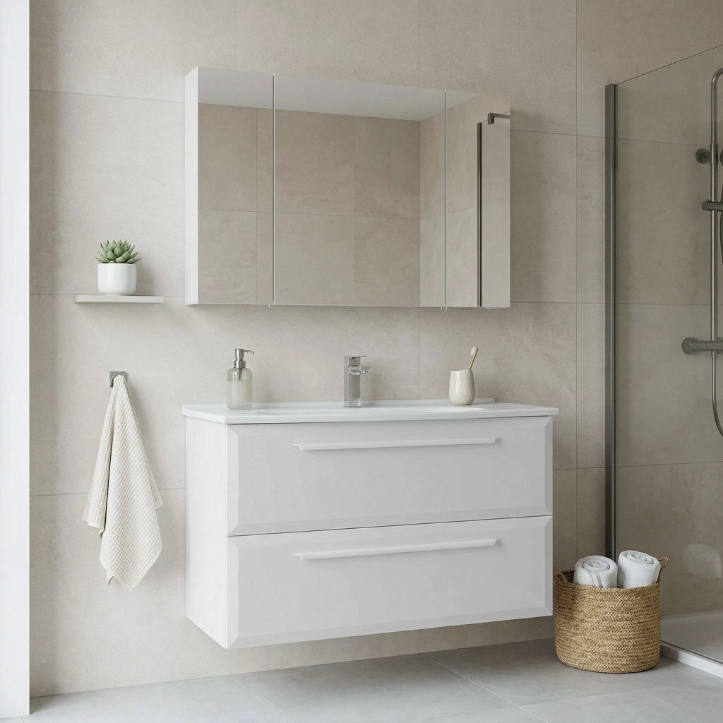Set mobile lavabo con specchio (2 pezzi) "Nuvola 100 v2" - 100 x 50 x 62 cm - Bianco