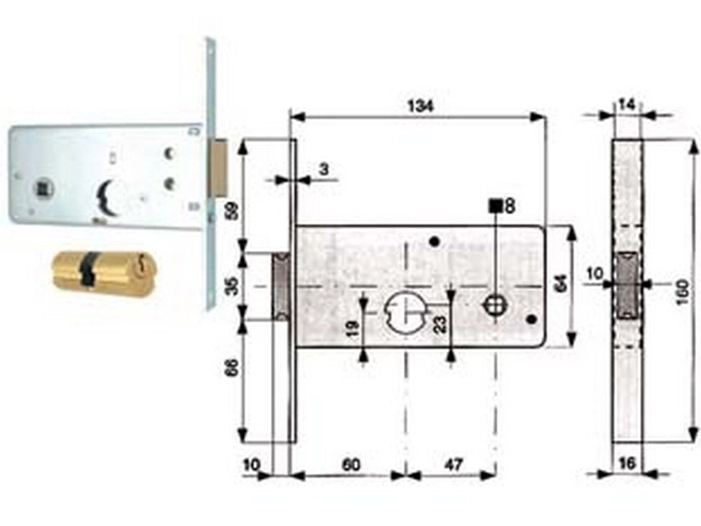 2pz serratura infilare fasce catenaccio 2 mandate scrocco mm.64 h 805 mm.60 cod:ferx.fer52139