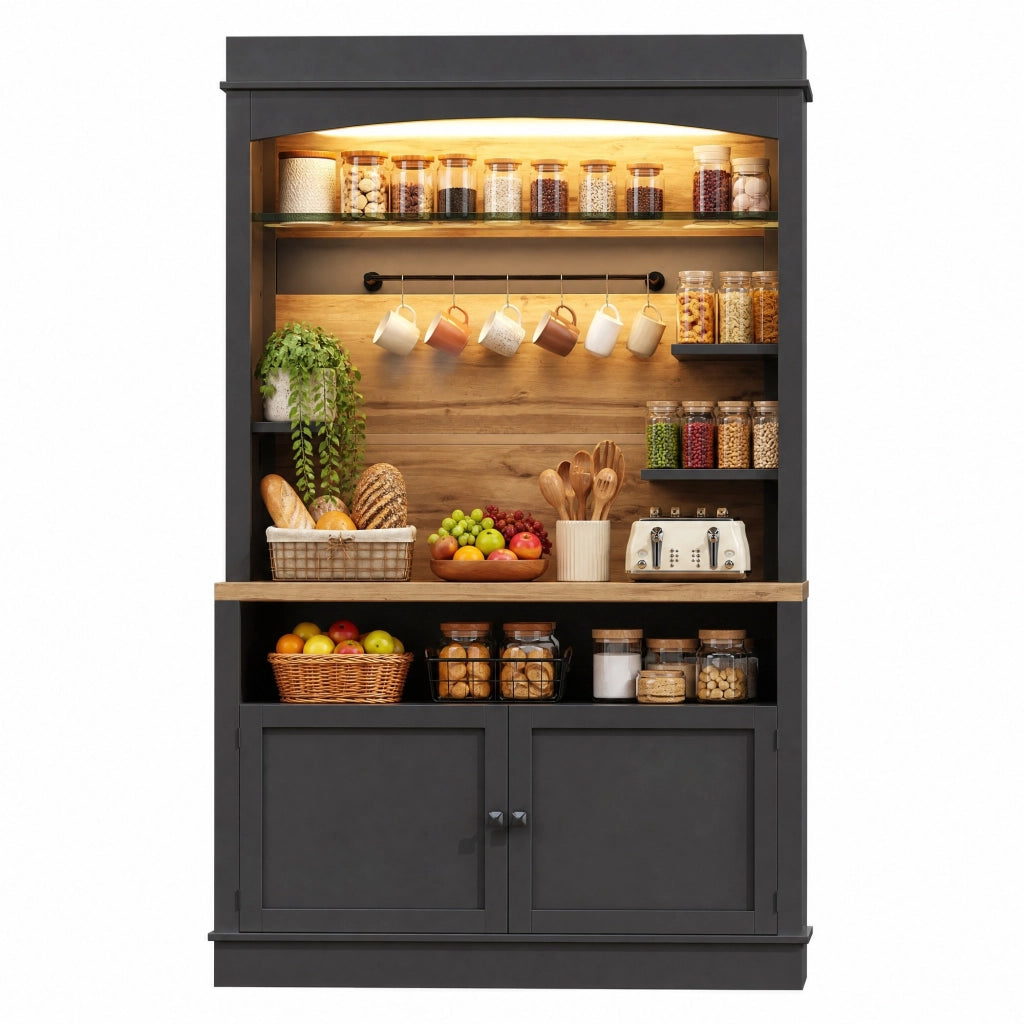 Set di 2 credenze da cucina con LED USB; 107x43x184 cm; MDF e metallo; nere