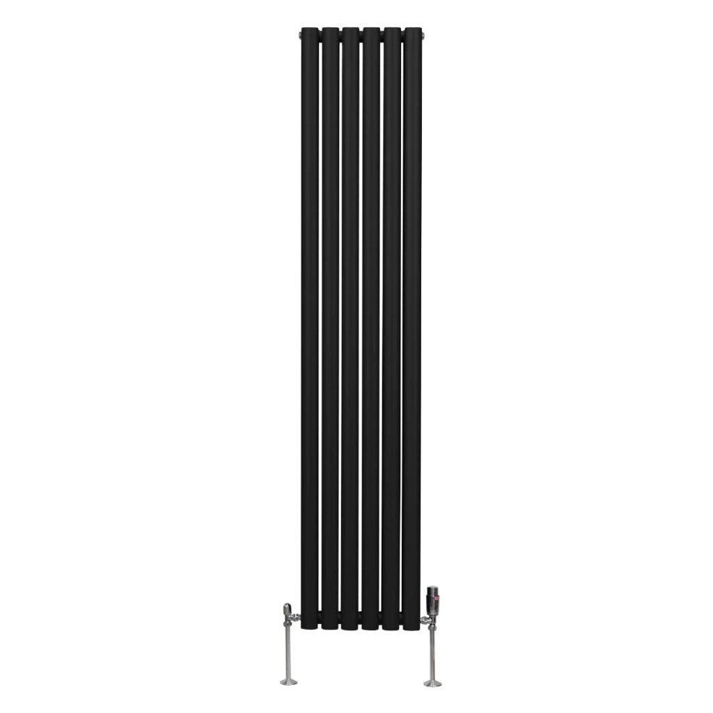 Radiatore a colonna ovale e valvole cromate TRV Designer nero 1800mm x 360mm