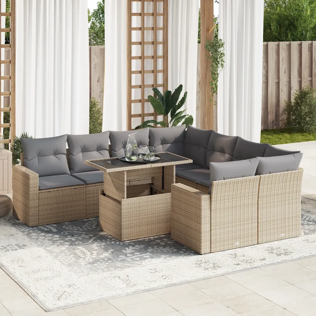 vidaXL Set Divano da Giardino 9 pz con Cuscini Beige in Polyrattan