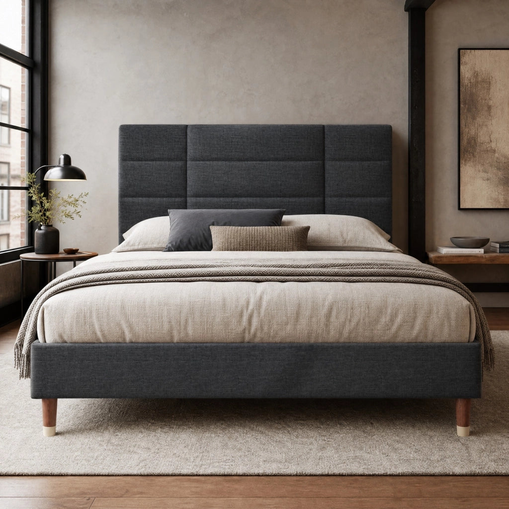Letto matrimoniale 140x200 cm imbottito con rete a doghe; grigio; struttura in legno