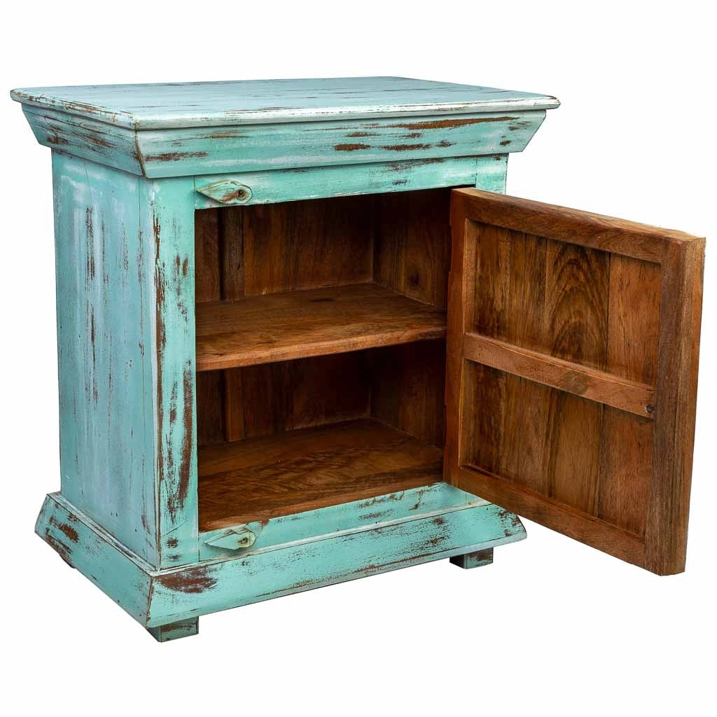 Comodino in legno e metallo con finitura artigianale verde 55x35x60h