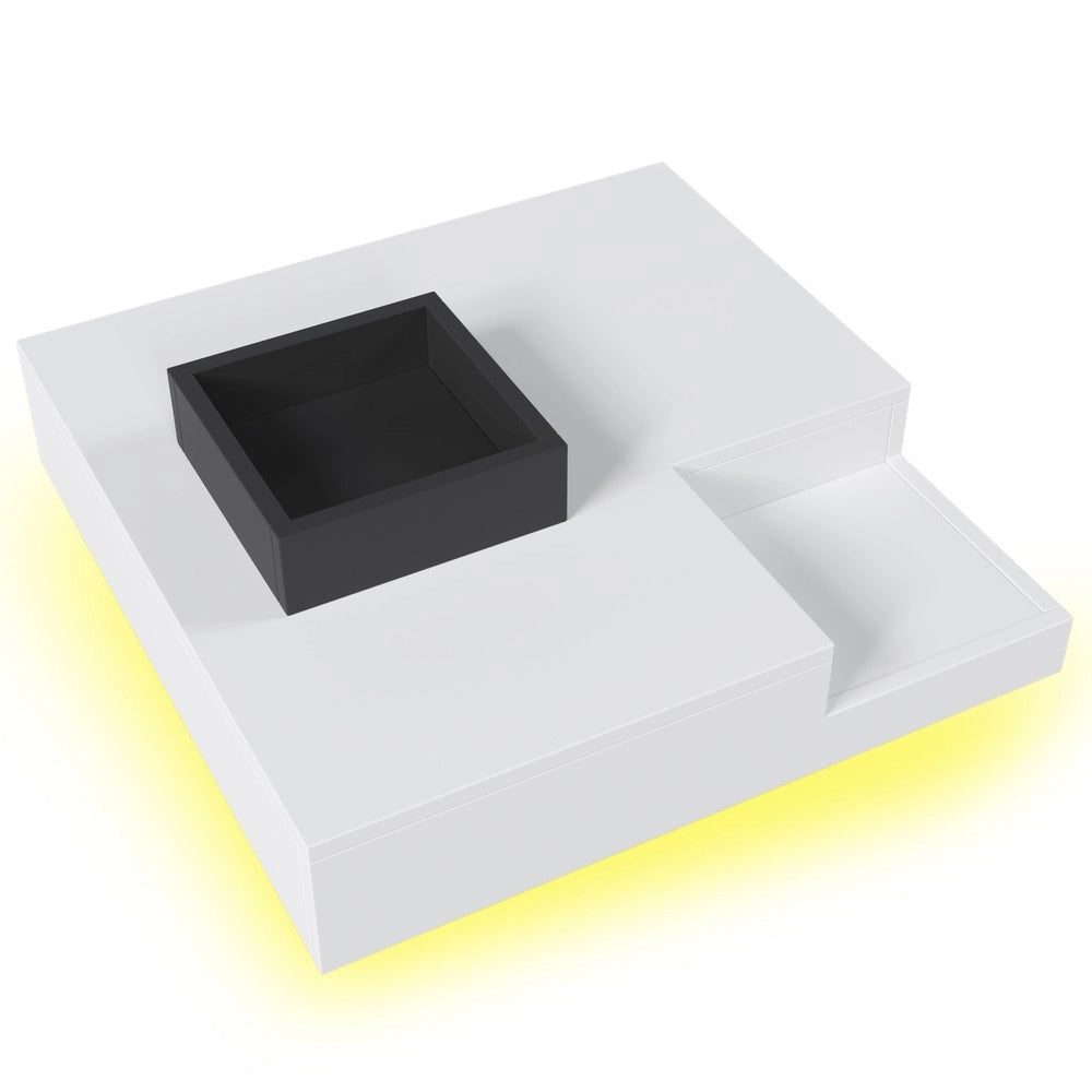 Tavolino da Salotto con LED e Box Contenitore ¨C MINIMAL ¨C Bianco e Nero Lucido, 72x72x30 cm
