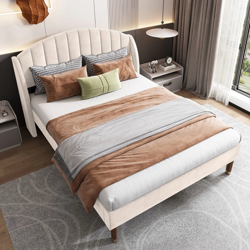 Letto imbottito con rete a doghe e testiera ¨C Minimal ¨C Beige velluto 140x200 cm