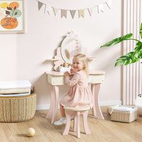 Set Toeletta per Bambine con Specchio e Sgabello con 7 Accessori in Legno Rosa