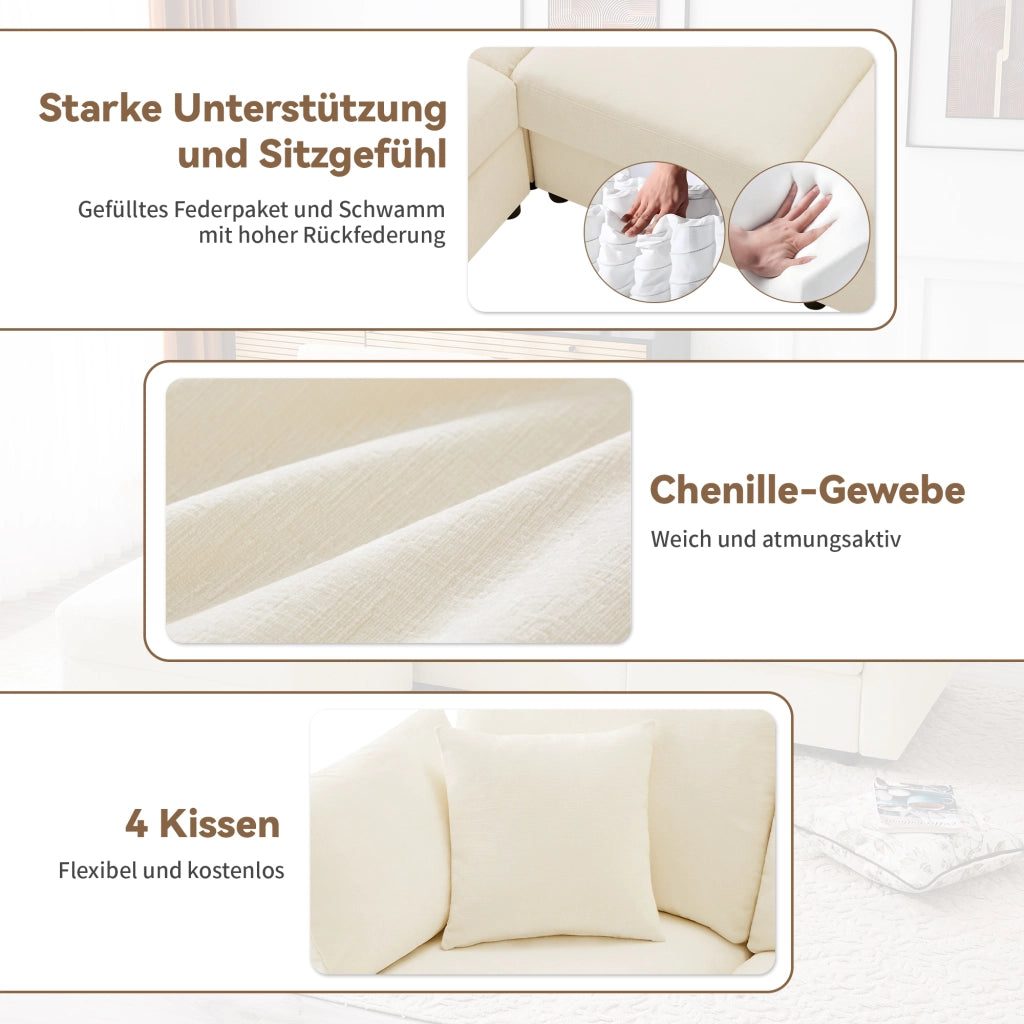 Divano angolare modulare con pouf, 4 cuscini e braccioli regolabili, in ciniglia beige 218 × 156,5 × 86 cm