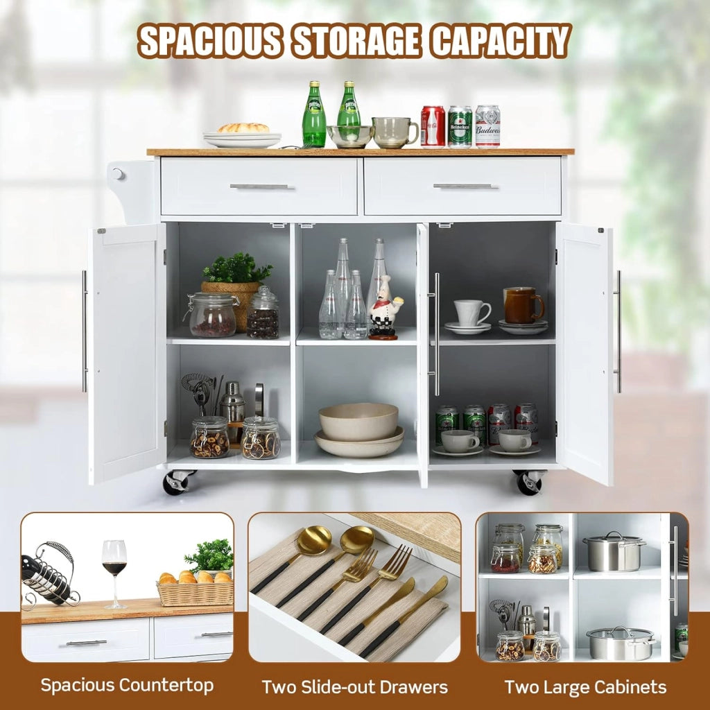 Carrello da Cucina in Legno, Credenza con Ruote, Armadietto Autoportante, Piano in Legno di Gomma, 2 Portaoggetti, 2 Cassetti, 3 Ante, 4 Ruote, per Sistemazione, Bianco, 122x46x92,3 cm