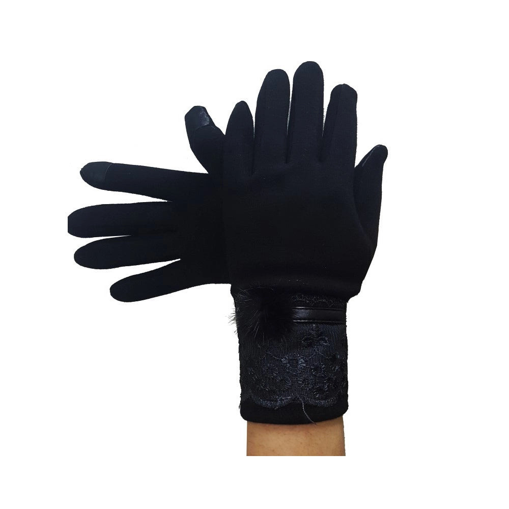 Trade Shop - Guanti Tessuto Cotone Donna Nero Pon Pon Pizzo Taglia 8 Gloves Fodera Pile -