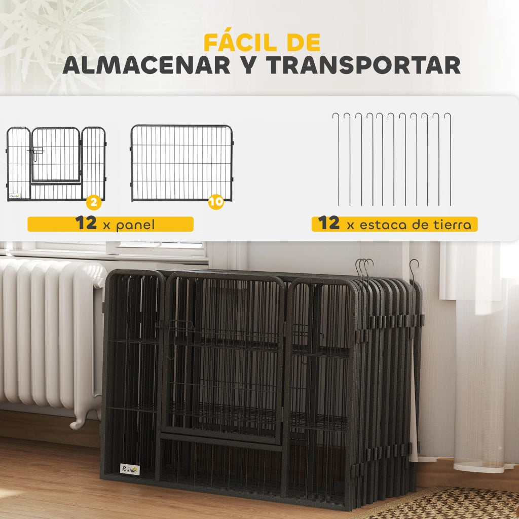 Recinto per Cani 12 Pannelli con 2 Porte ¨C zephmum ¨C Grigio Acciaio 80x60 cm