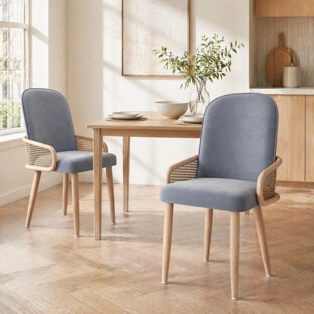 Set di 2 sedie da pranzo in velluto grigio con design Rattan e gambe in metallo effetto legno