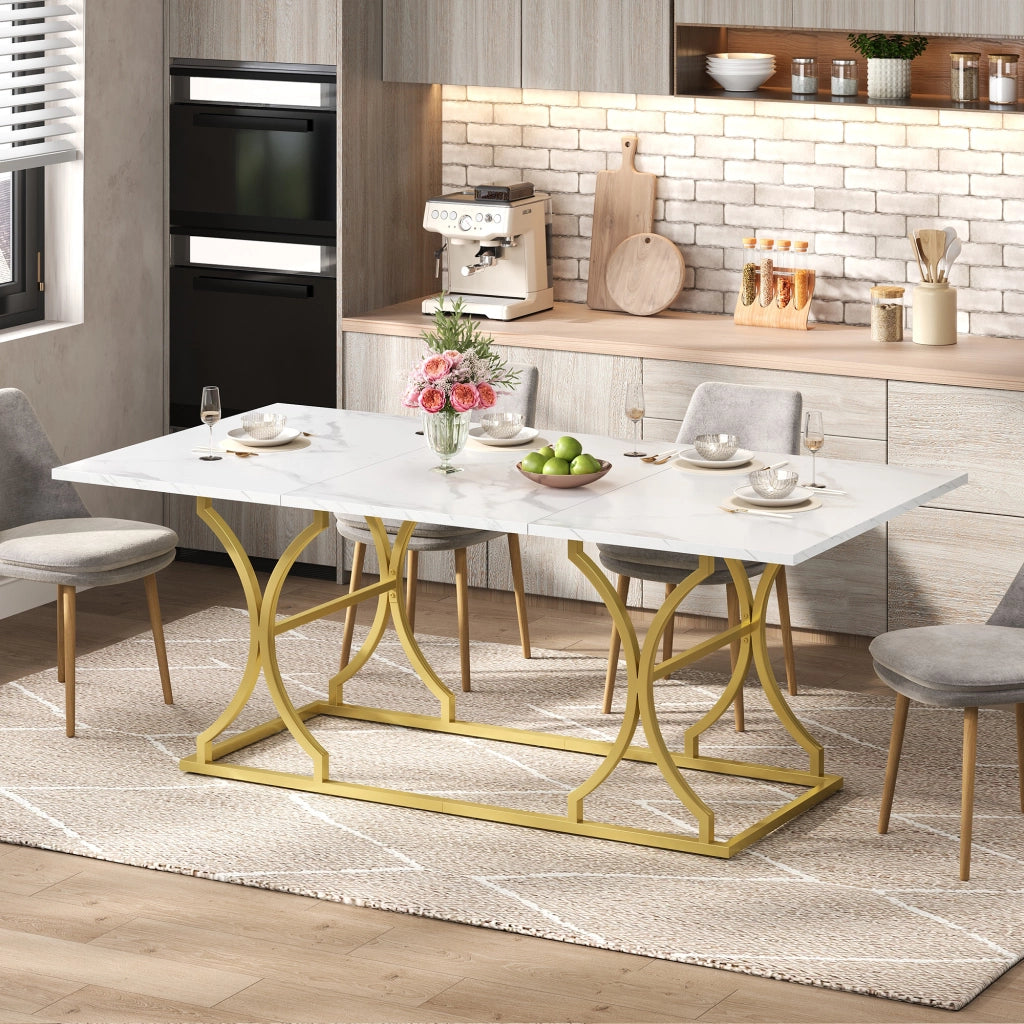 Tavolo da pranzo per 8-10 persone con piano effetto marmo e gambe in metallo dorato, per soggiorno, 200 × 80 × 76 cm