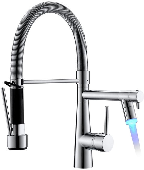 Led Keukenkraan con Doccia a Blocco con Maniglia Rotativa 360° - Testa Doccia Riscattabile - Alta Pressione - Finestra in Argento