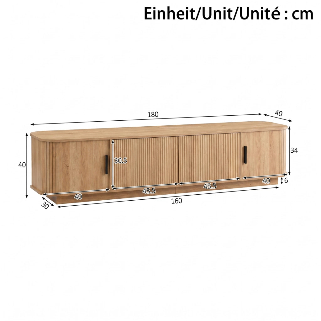 Mobile porta TV con LED, 2 cassetti e 2 ante scorrevoli, per soggiorno, in MDF e PB, naturale, 180 × 40 × 40 cm