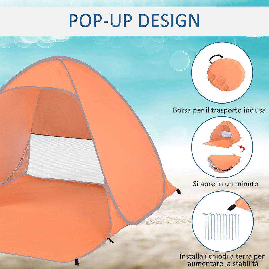 Tenda da Spiaggia Pop Up 200x150x119 cm Protezione UV 30+ e Borsa di Trasporto Arancione