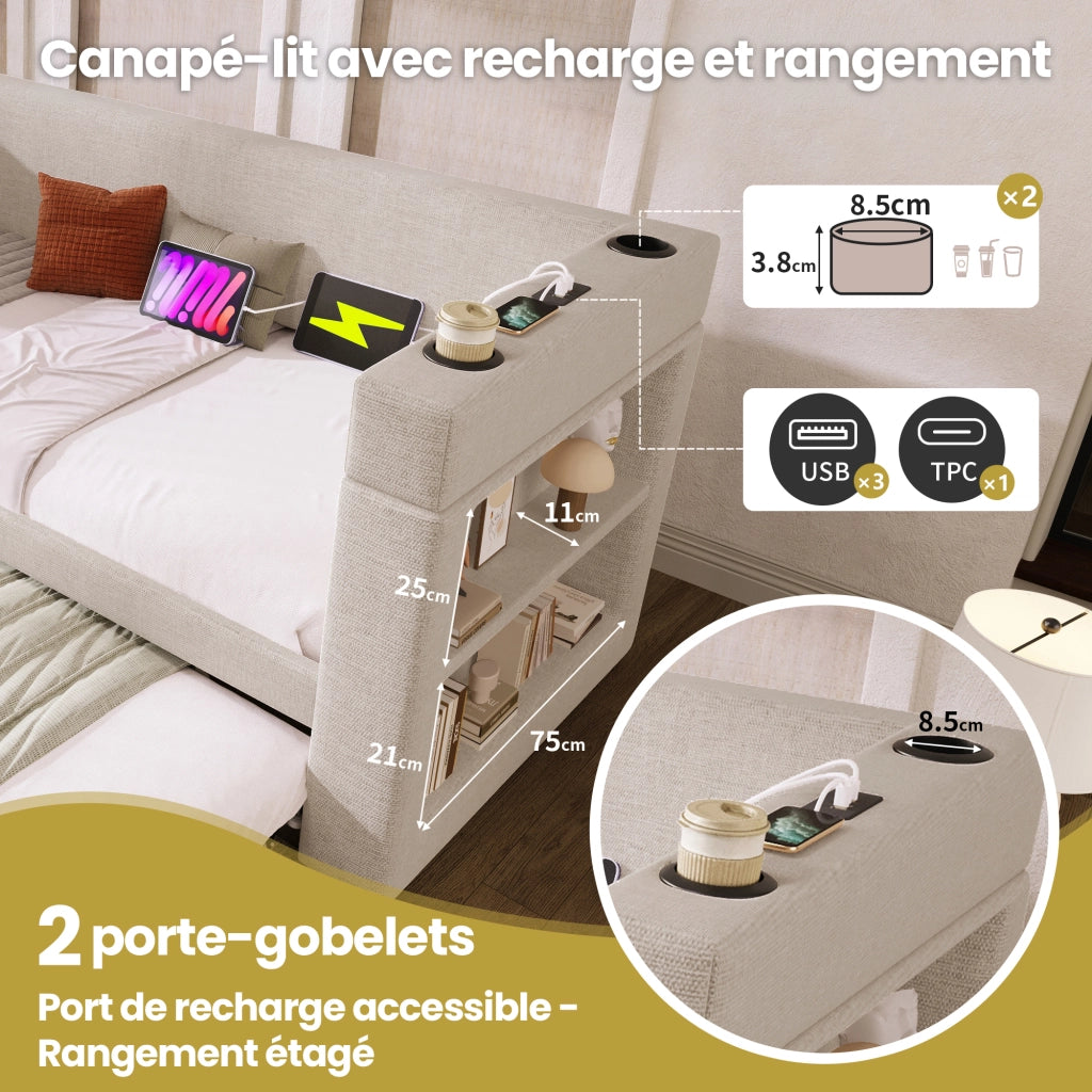 Letto Estraibile 90x190 cm - USB; Type-C e Portabicchieri - in Tessuto - Beige
