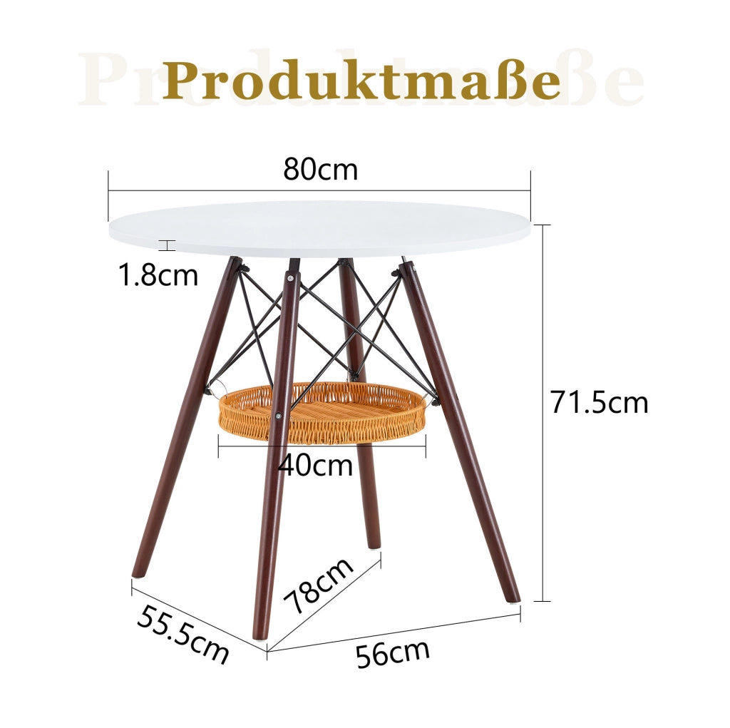 Tavolo da pranzo rotondo Ø80 cm bianco e noce con cestino