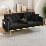Divano letto in velluto con schienale regolabile, portabicchieri e cuscini, nero 175 × 80 × 73,5 cm