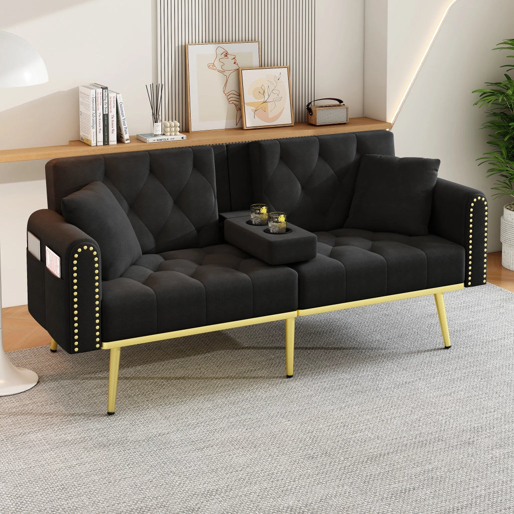 Divano letto in velluto con schienale regolabile, portabicchieri e cuscini, nero 175 × 80 × 73,5 cm