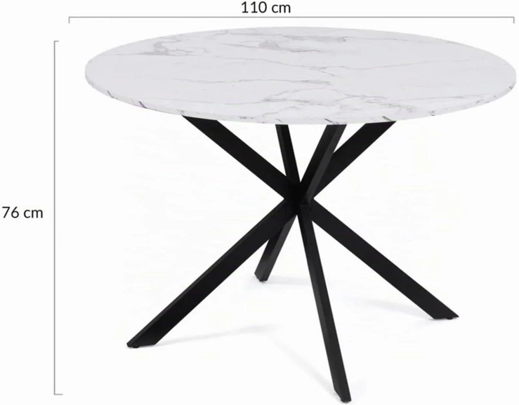 Tavolo da pranzo rotondo per 4-6 persone ALASKA con effetto marmo bianco e gamba a ragno in metallo 110 cm