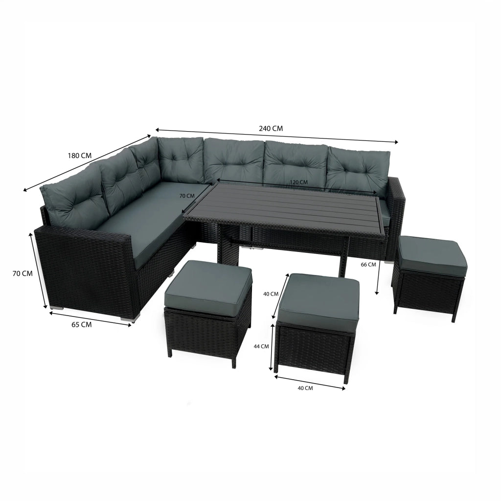Set Angolare Rattan Giardino 9 Posti Nero Tavolo Cuscini Impermeabili