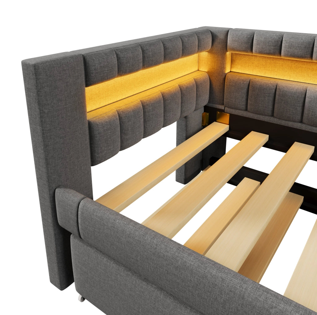 Daybett imbottito con letto estraibile, LED e doppia ricarica