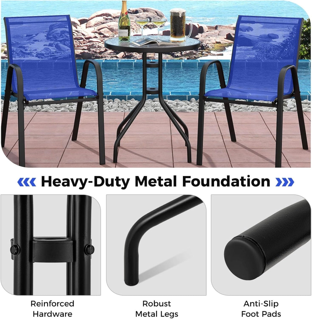 Set da Bistrò in Tessuto Textilene, Set da Giardino in 3 Pezzi, Tavolo Rotondo in Vetro Portato 50 kg, Sedie Portate 150 kg, Set Tavolo e Sedie da Esterno, Patio, Cortile, Veranda (Navy)