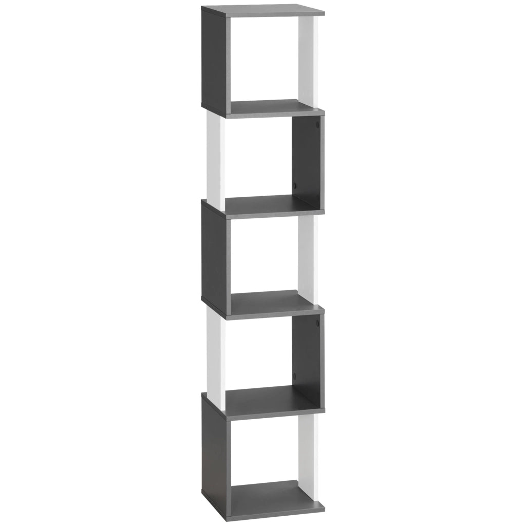 Libreria Moderna Salvaspazio a 5 Ripiani in Legno, 33x28x161cm, Grigio e Bianco