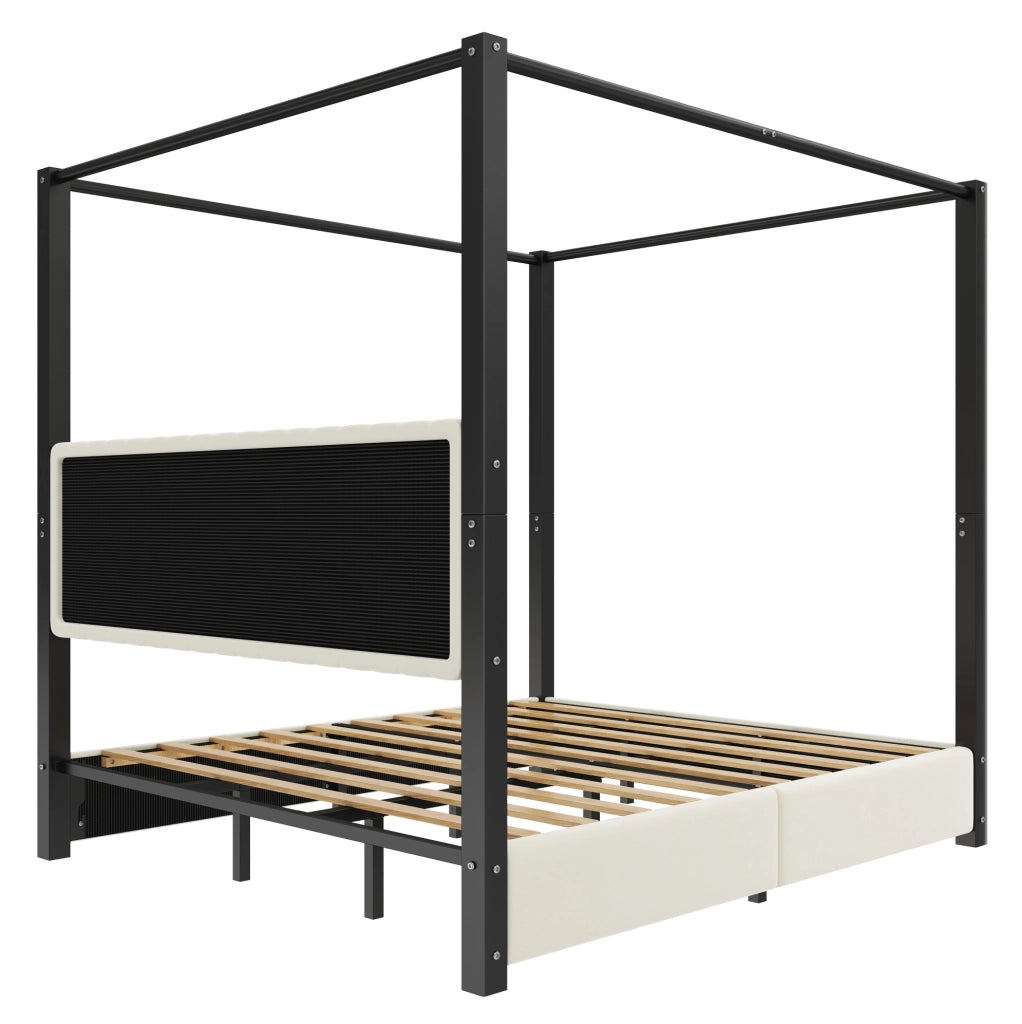 Letto a baldacchino imbottito 180x200 cm in velluto beige e nero con struttura in metallo