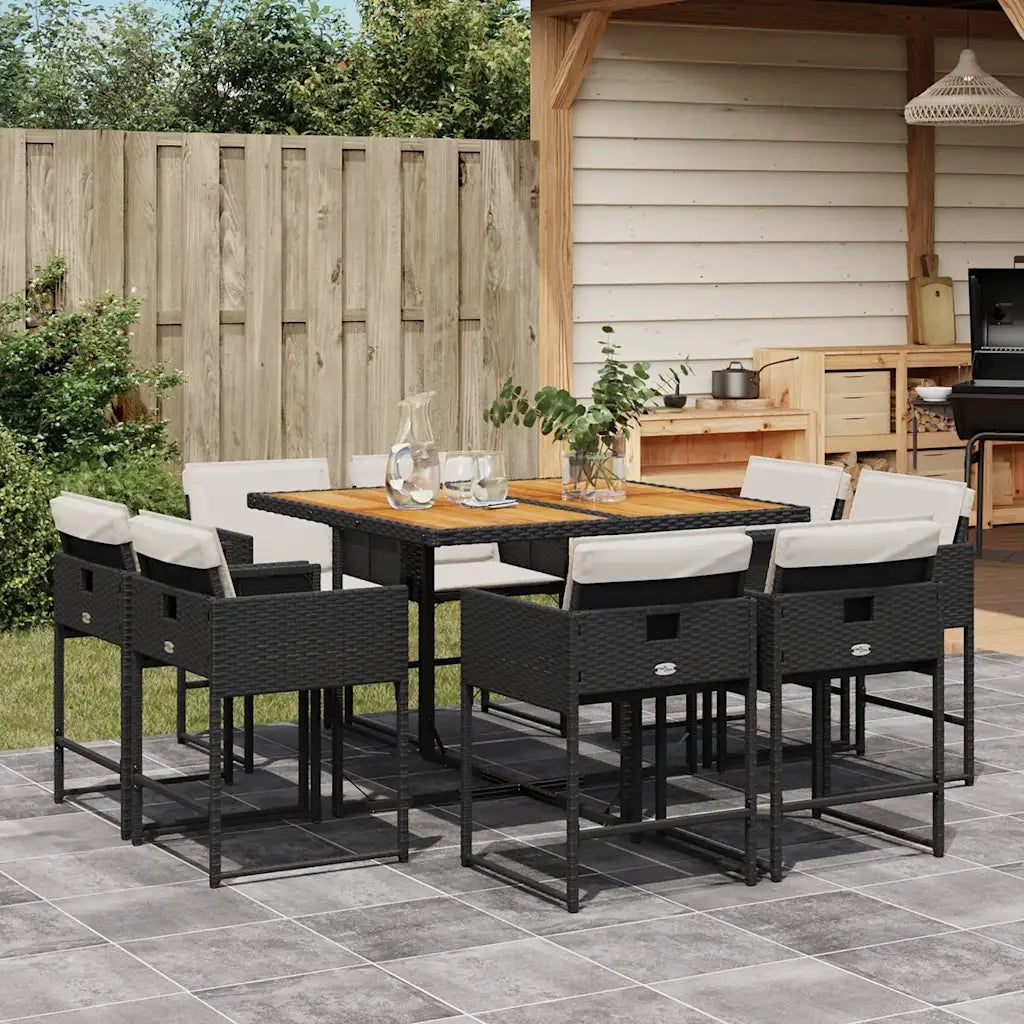 Set da Pranzo da Giardino 9 pz con Cuscini Nero in Polyrattan 3211383