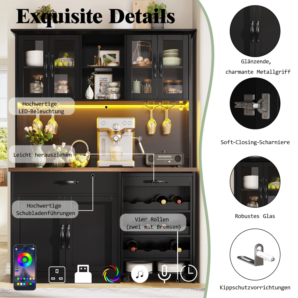 ARMADIO CUCINA 140x38x180 cm Nero in MDF con carrello estraibile e LED