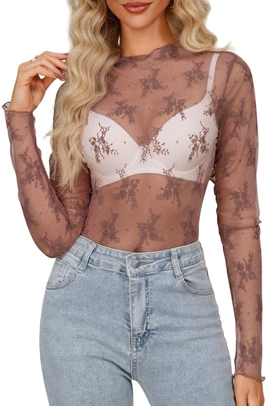 Camicia con mesh in cima - Prodotto per donne - Disegno trasparente - Maniche lunghe - Modello a fiori - Materiale respirante - Eleganza sensuale