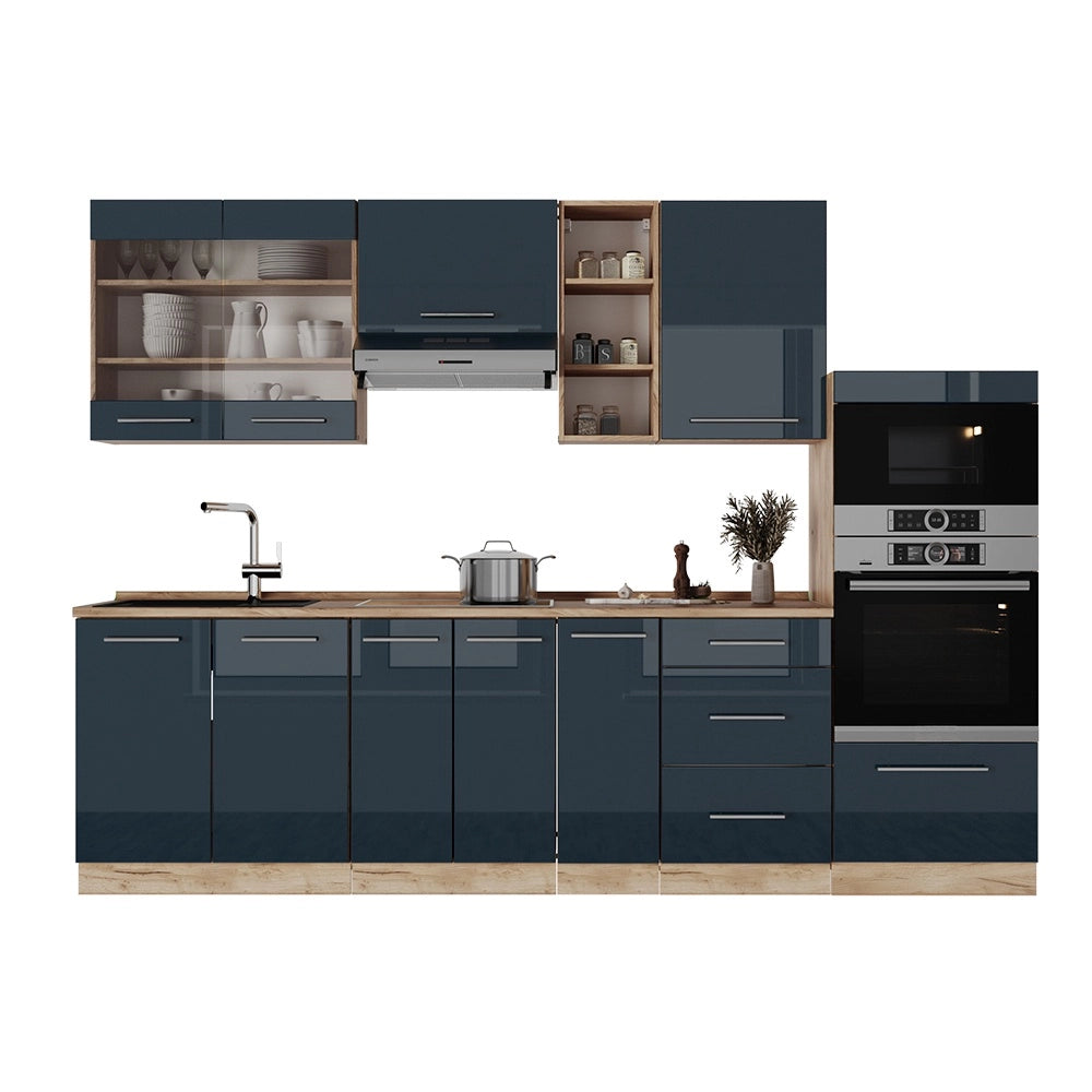 Cucina componibile Fame-Line Blu scuro lucido/Rovere dorato 280 cm, PL Marmo Vicco