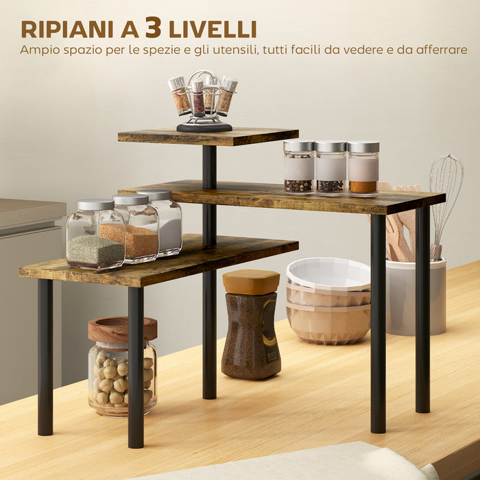 Scaffale da Cucina a 3 Livelli Girevole 40x10x36,5 cm in Legno e Acciaio Marrone Rustico
