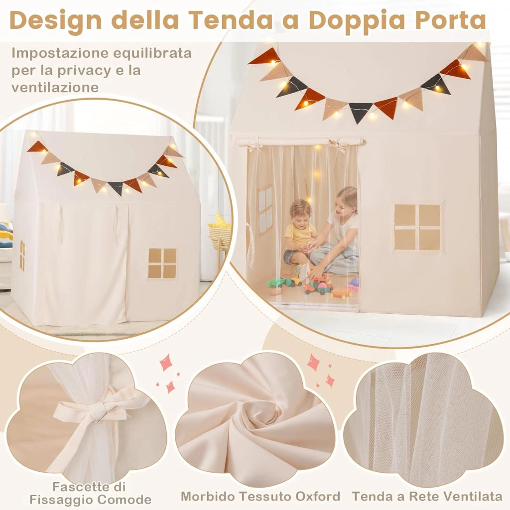 Tenda per Bambini con Luci Fatate e Bandierine, Tenda Casetta da Gioco con Porta e 2 Finestre, Tenda Gioco con Tappetino Imbottito, per Interno ed Esterno, 123 x 107 x 137 cm, Beige